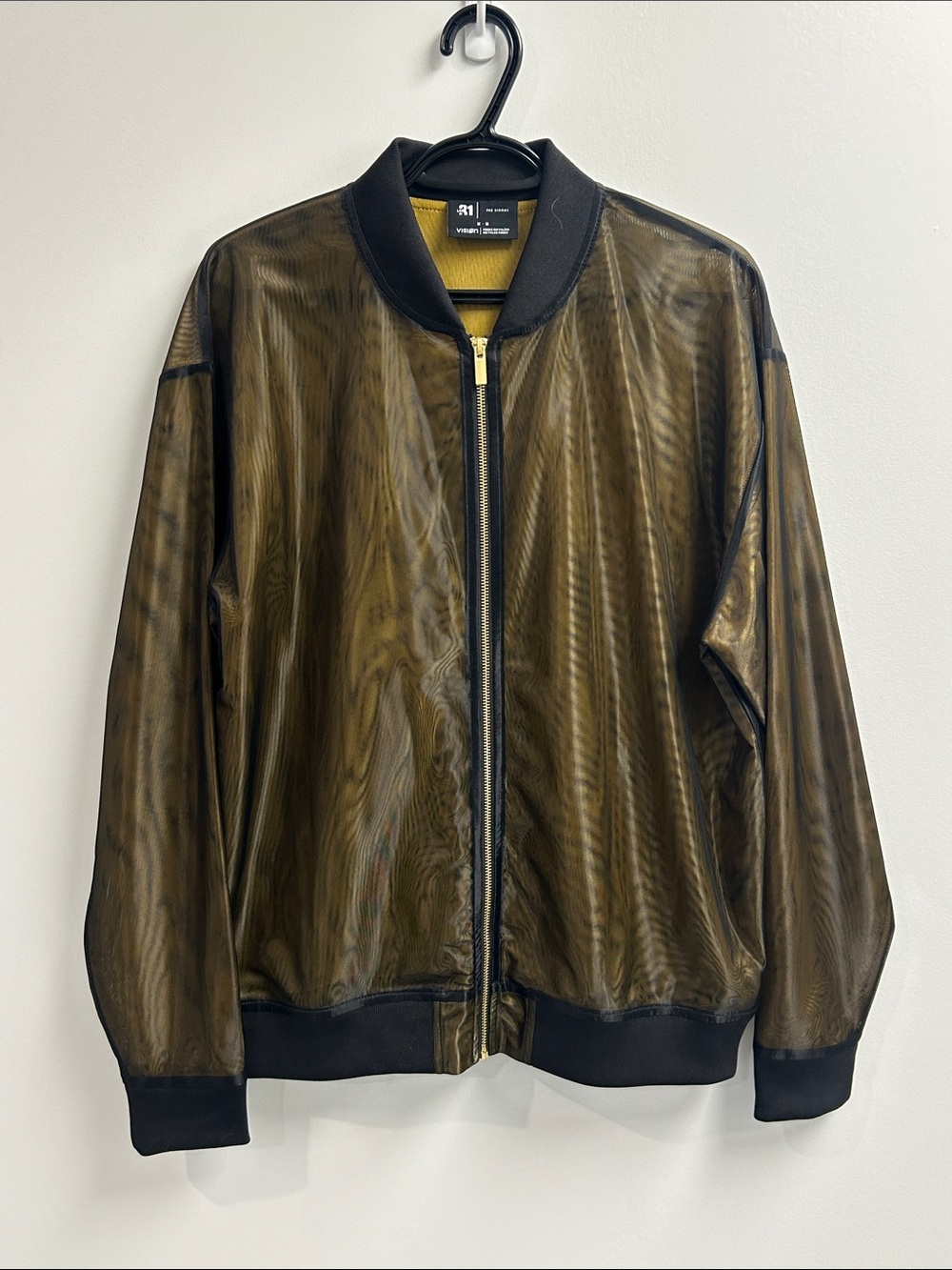 Simon’s Gold Sheer Bomber Jacket with Black Overlay